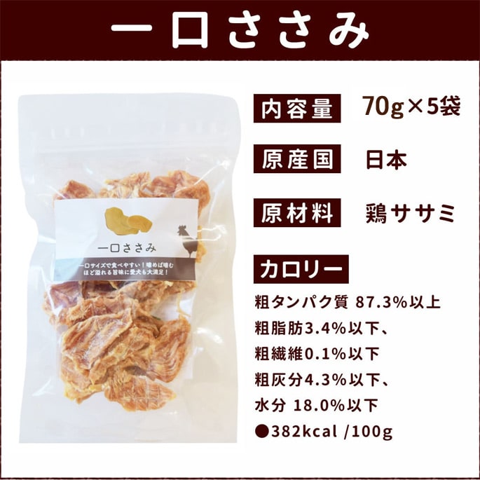 犬用ジャーキー｜ひと口ささみ 無添加の犬用おやつ 70g（ 5袋セット