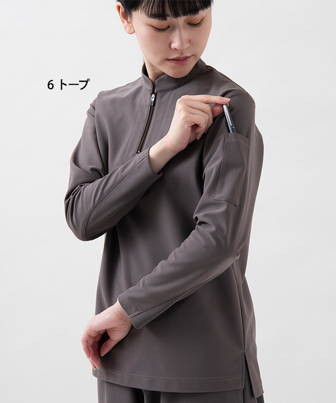 ZIP-UPスタンドカラーニットシャツ長袖[男女兼用][セブン
