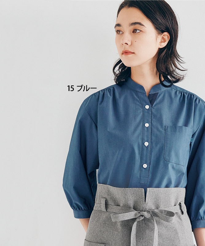 デニム調スタンドカラーシャツ七分袖[女子][ボストン商会製品] 24242