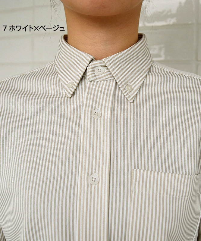 グレーとホワイトのストライプ長袖シャツ 防シワ】ハイゲージジャージー ストライプ 長袖ボタンダウン
