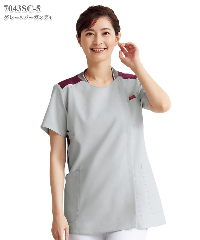 初期ボディソングルーズフィット チュニック 半袖 グレー 赤ピンクチェック 初期ボディソングルーズフィット チュニック 半袖 グレー 赤ピンクチェック