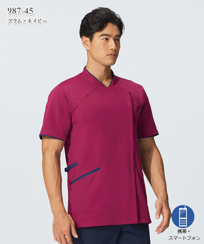 半袖Tシャツ メンズ 肩パッド 分解スプライシングボタン 2色 男女兼用スクラブジャケット半袖[KAZEN製品] 987｜THS-白衣通販