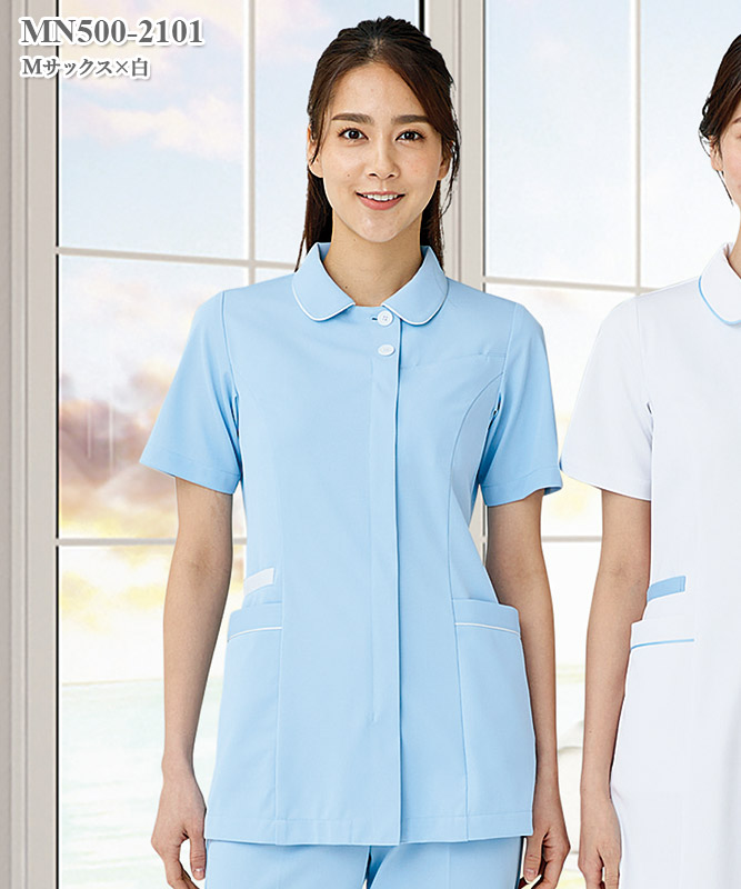 新品MunsingwearSUNSCREENストレッチ半袖テーラーカラーシャツМ レディスナースジャケット半袖[住商モンブラン製品] MN500-1301～8373