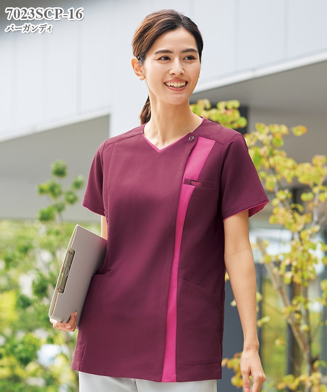 スクランプシャス☆半袖 レディスジップスクラブ半袖[フォーク製品] 7023SCP(□加工内容