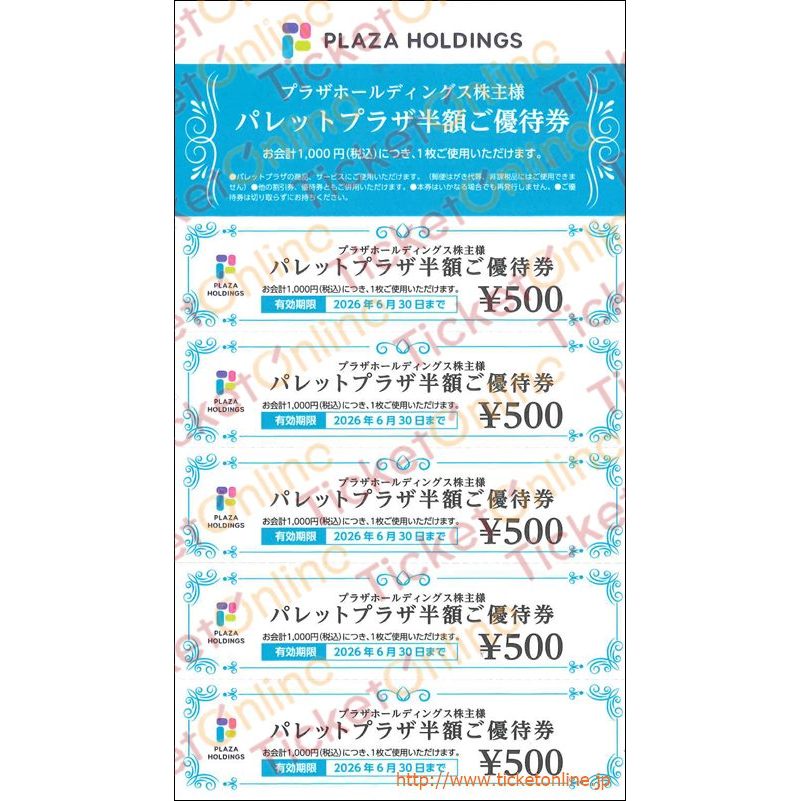 プラザホールディングス　パレットプラザ半額ご優待券（500円券）5枚綴り～26年6月
