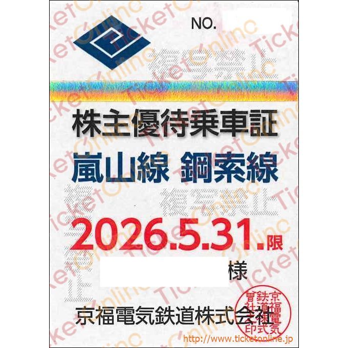 【京福電鉄】株主優待乗車証 「電車　嵐山線、鋼索線」 定期券  1枚　～26年5月