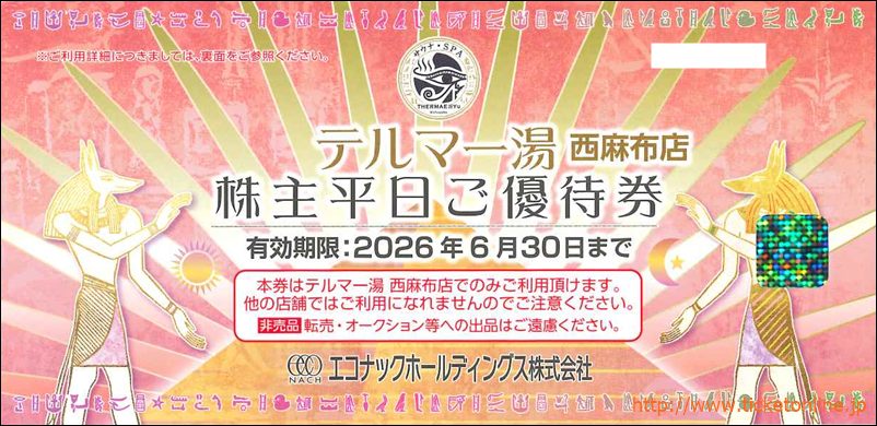 エコナックHD株主優待　テルマーの湯【西麻布店】平日優待券1枚　～26年6月　