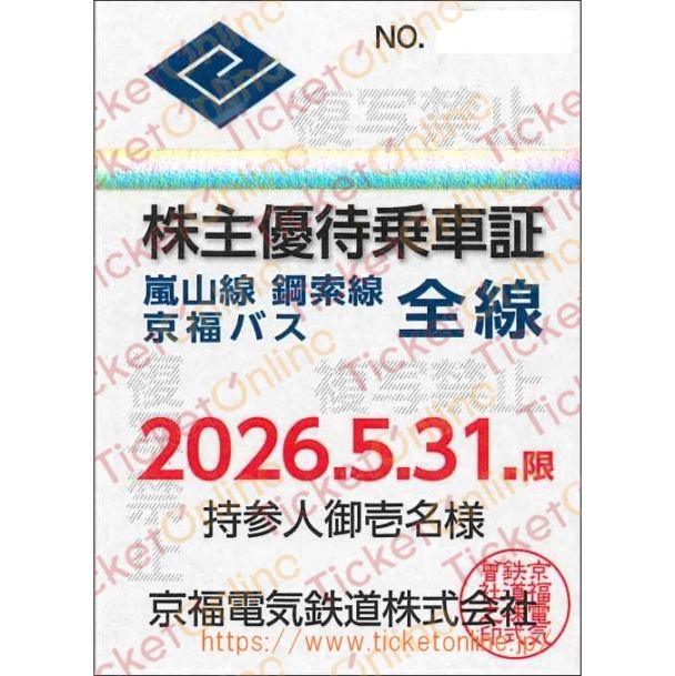 【京福電鉄】株主優待乗車証（定期）「嵐山線・鋼索線・京福バス全線共通」 1枚　～26年5月