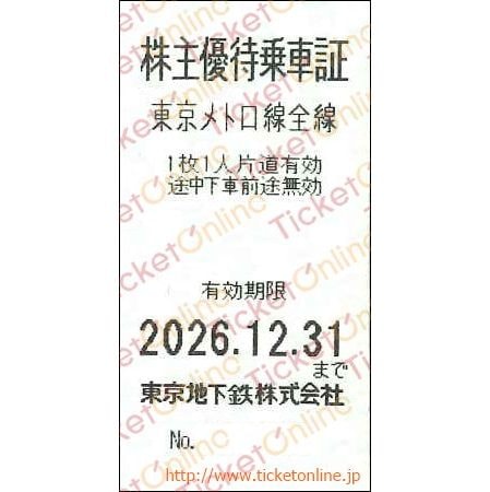 東京地下鉄東京メトロ株主優待乗車券「乗車券（切符）」　1枚　～26年12月