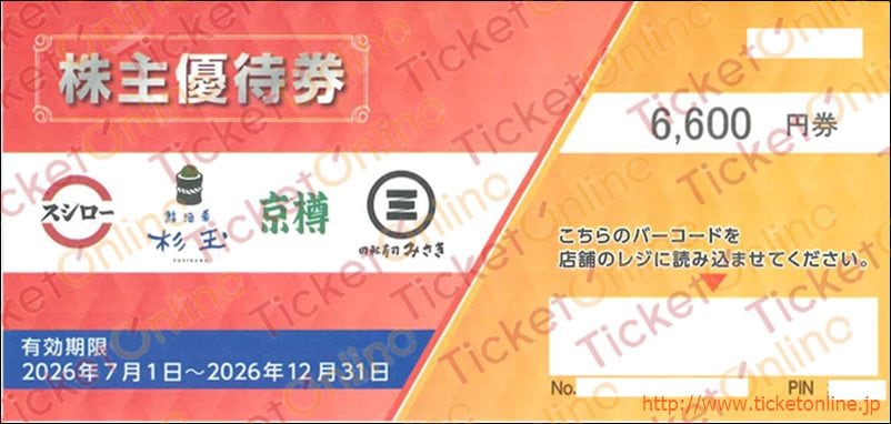 フードアンドライフカンパニーズ スシロー株主優待割引券(6600円)1枚 ~26年12月
