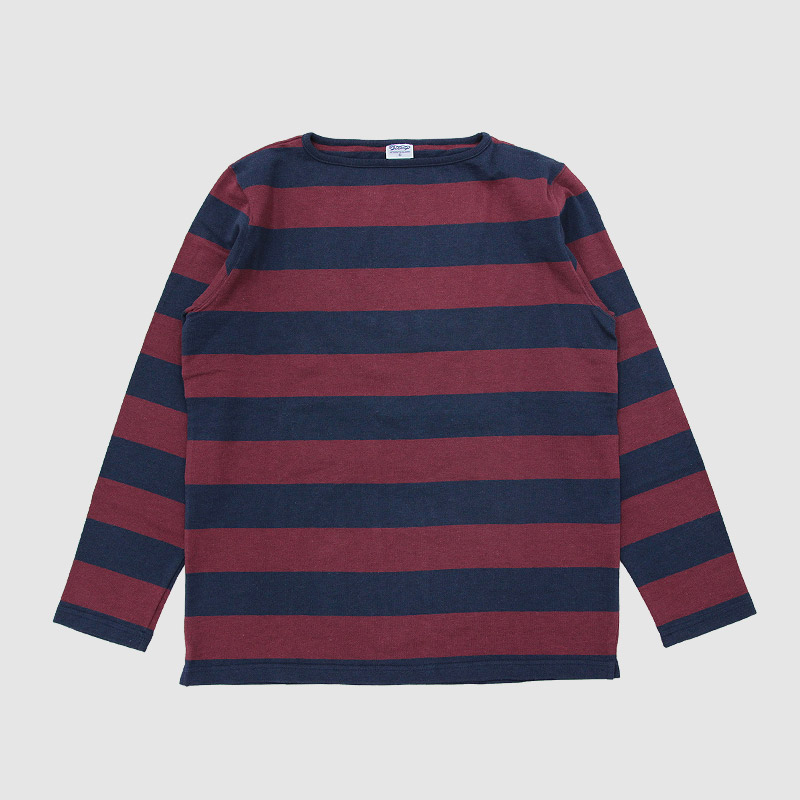 te001bd-w HDCS BOATNECK WIDE BORDER BASQUE SHIRT BURGUNDY NAVY