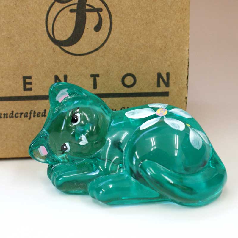 フェントン　猫の置物  ガラスの猫 ハンドペイント ターコイズグリーン