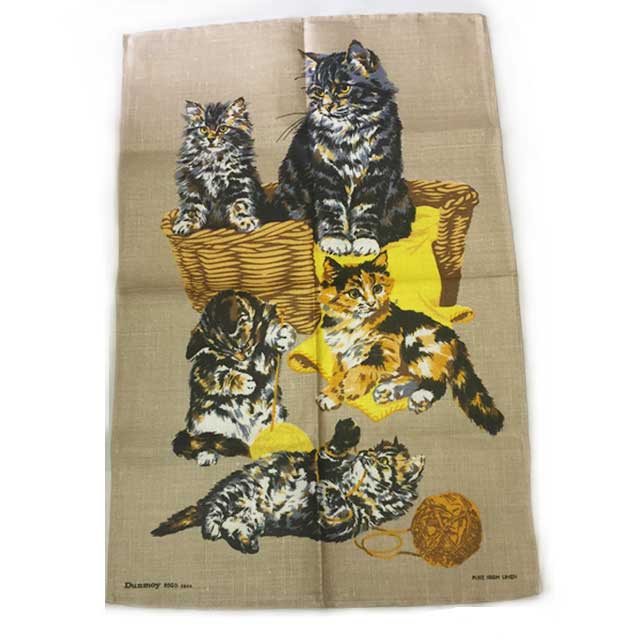 猫柄ヴィンテージティータオルアイリッシュ リネン　猫の親子　1970年代