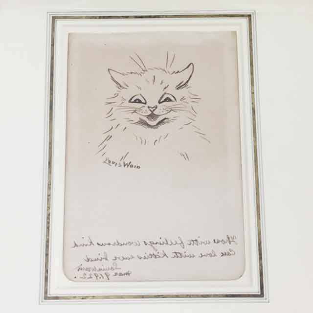 ルイスウェイン Louis Wain オリジナル肉筆のインク画　鏡文字　1922年＜超レア＞