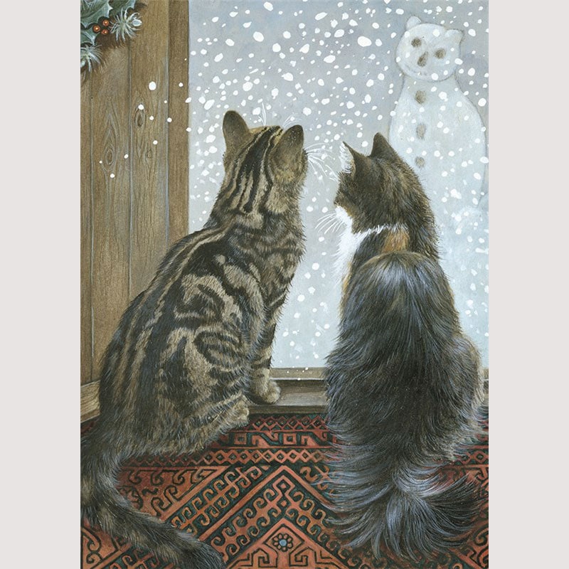 レズリーアンアイボリー 猫の輸入グリーティングカード封筒付 Agneatha & Octopussy watching the snow