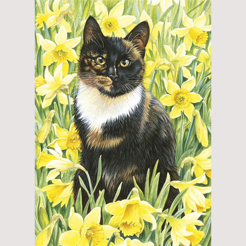 レズリーアンアイボリー 猫の輸入グリーティングカード封筒付 Motley in wild daffodils