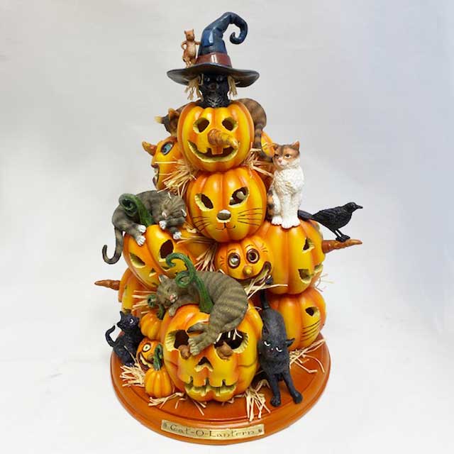 ハロウィン 猫フィギュア付きかぼちゃ型ランプ Cat-O-Lantern by Charles Wysocki　限定品・訳あり