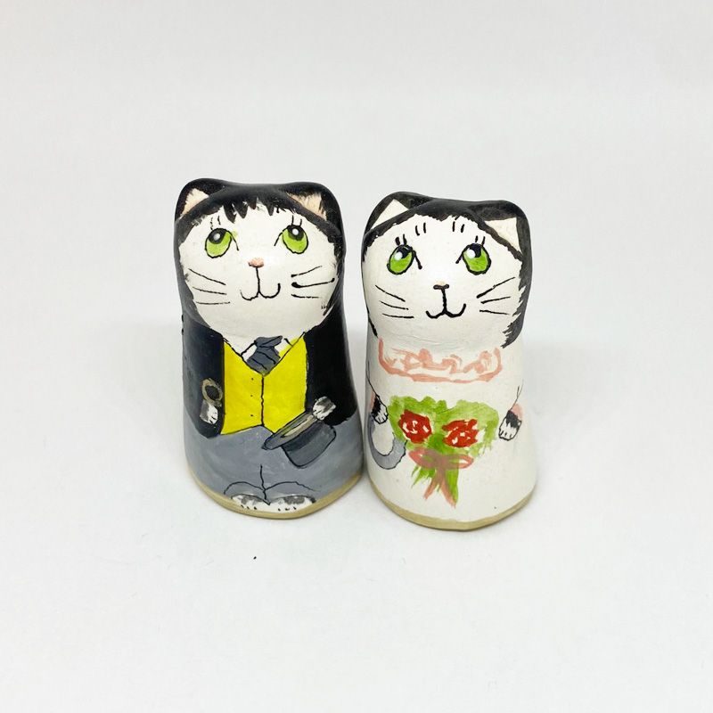 猫のウェディングドール 花嫁と花婿のペア　黒白猫フィギュリン イギリス製陶器