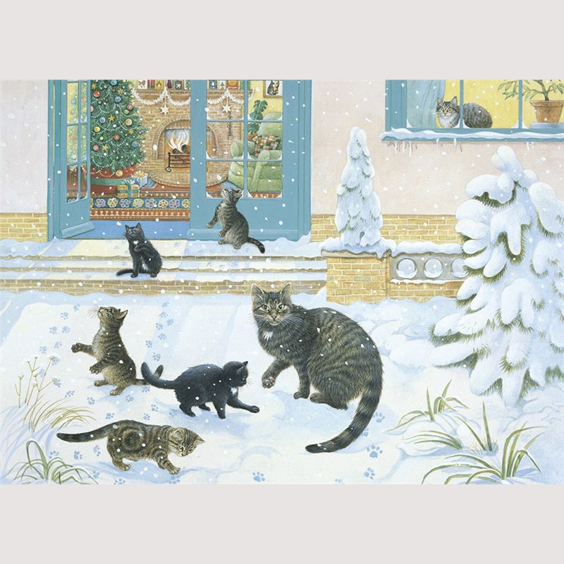 レズリーアンアイボリー 猫の輸入グリーティングカード封筒付 Muppet and her kittens in the snow