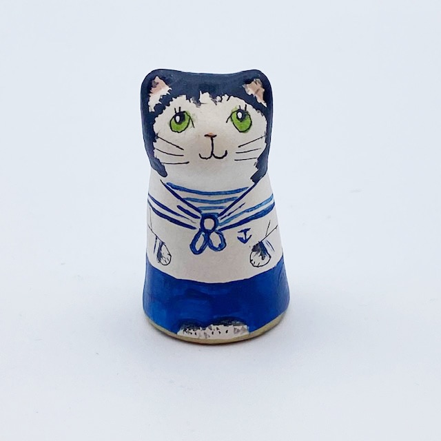 イギリス セイラ―　黒白猫の水兵さん　素焼きのミニ猫　シンブル   Merryfield Pottery