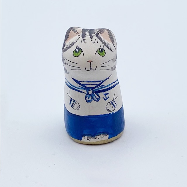 イギリス セイラ―　サバトラ猫の水兵さん　素焼きのミニ猫　シンブル   Merryfield Pottery