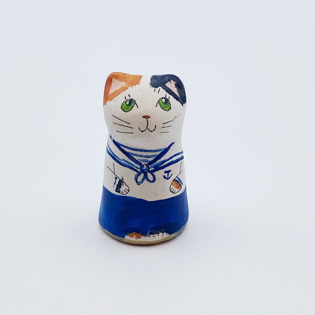 イギリス セイラ―　三毛猫の水兵さん　素焼きのミニ猫　シンブル   Merryfield Pottery