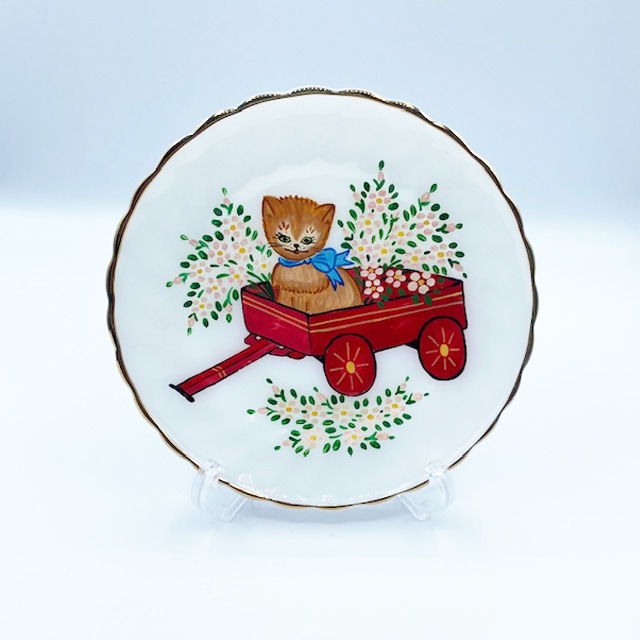 Fire King ハンドペイントの猫の絵のミルクプレート 22k金彩 Shell ANCHOR HOCKING 1960年-1976年