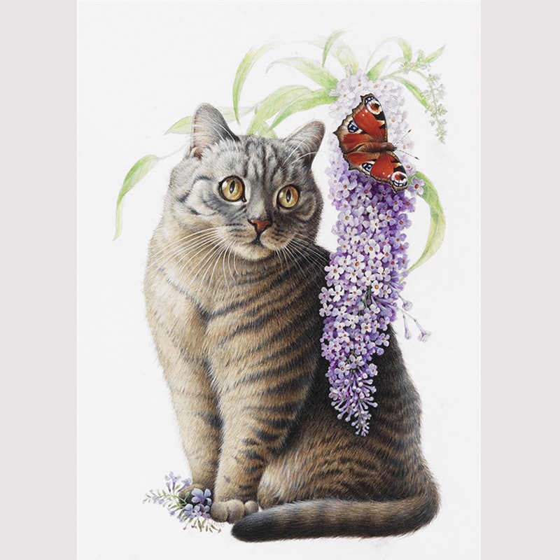 レズリーアンアイボリー 猫の輸入グリーティングカード封筒付 Mintaka and the peacock butterfly