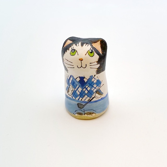 イギリス 素焼きのミニ猫　シンブル ゴルファー　ゴルフをする黒白猫  Merryfield Pottery