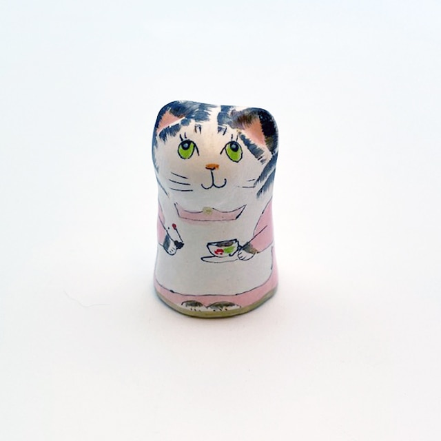 イギリス 素焼きのミニ猫　シンブル クリームティ　ティータイムのサバトラ猫  Merryfield Pottery