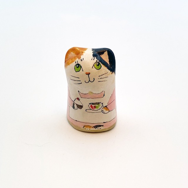 イギリス 素焼きのミニ猫　シンブル クリームティ　ティータイムの三毛猫  Merryfield Pottery