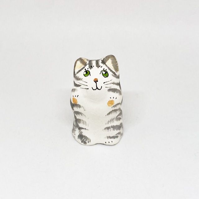 イギリス　メリーフィールドポッタリー 素焼きのミニ猫　サバトラ　シンブルB　Merryfield Pottery