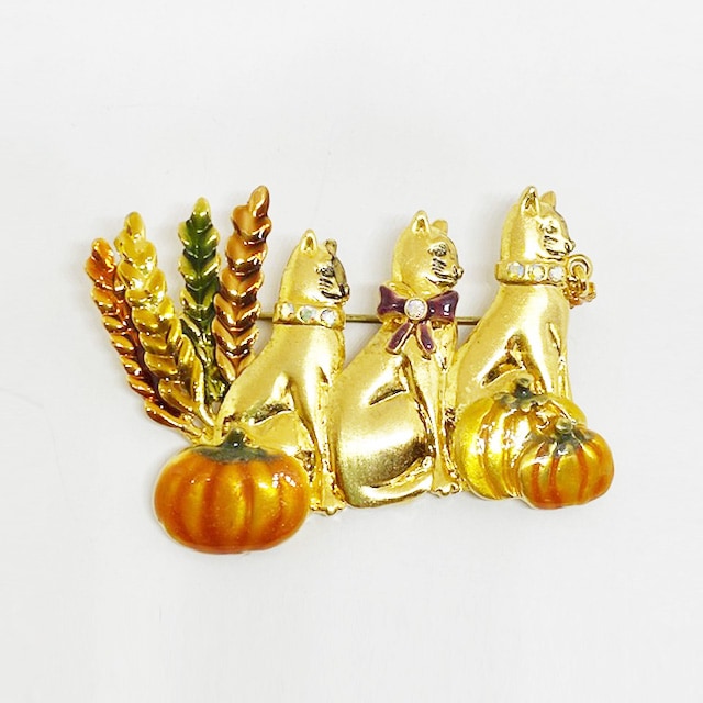 KC かぼちゃと3匹の猫のブローチ 秋の収穫 ハロウィン アメリカ製