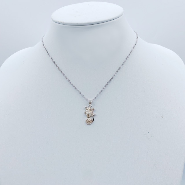 ヴィンテージシルバー925とラインストーンの猫のヘッド付きネックレス