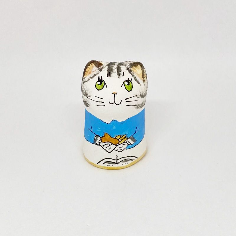 イギリス 素焼きのミニ猫　フィッシュアンドチップス　サバトラ猫  Merryfield Pottery