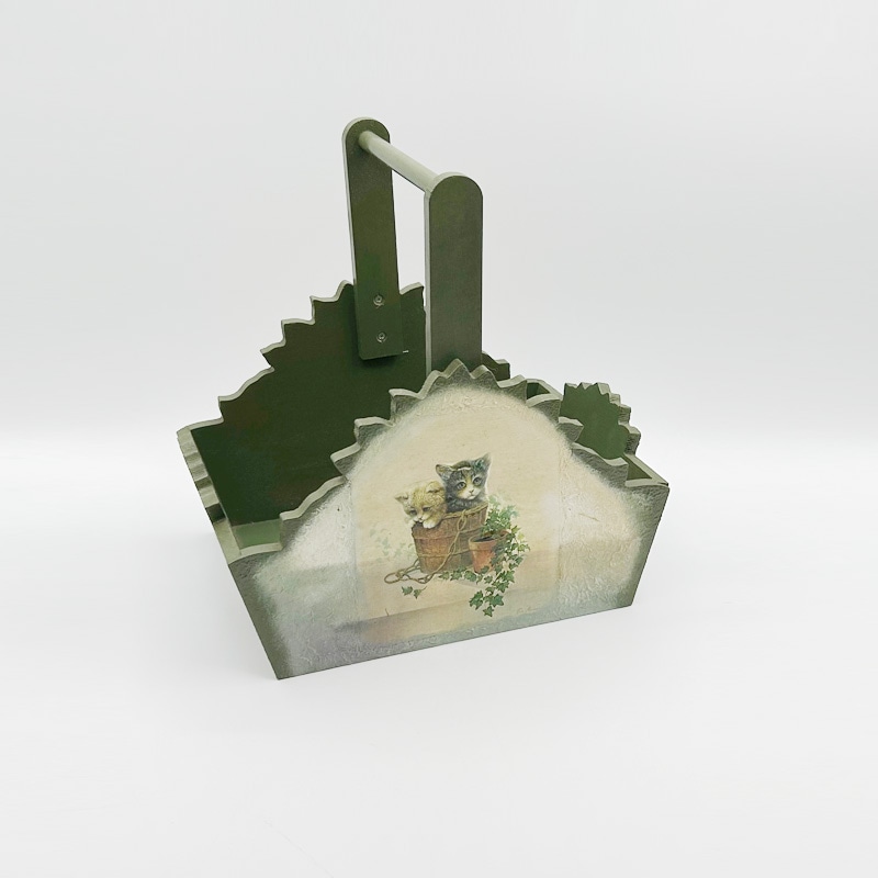 ヴィンテージ猫柄の木箱 カントリー調の取っ手付き小物入れ Ruane Manning