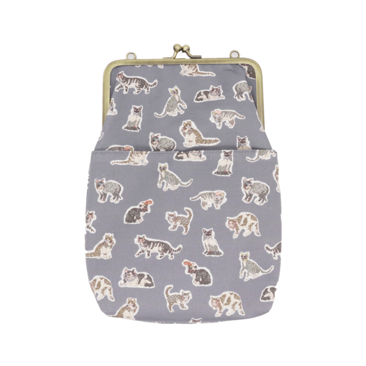 Ripple×LIBERTY　リバティの猫柄生地のがま口 2WAY ショルダーバッグ グレー