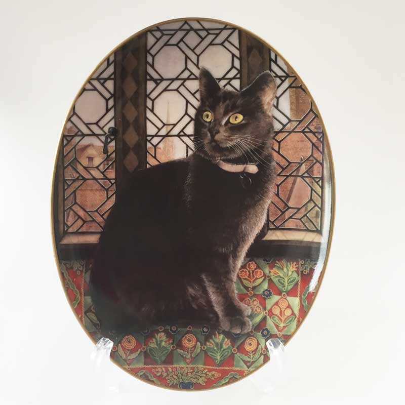 ロイヤルウースター Lesley Anne Ivory オーバル型絵皿 黒猫 2002年