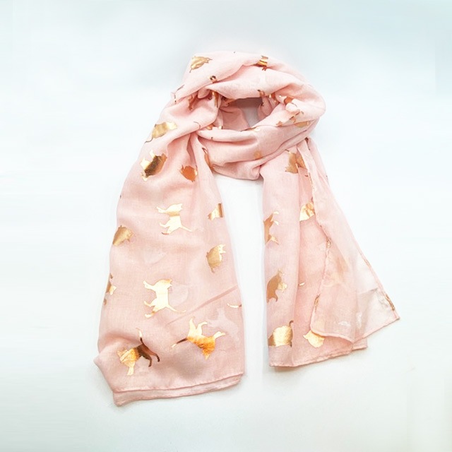 大人可愛い猫柄スカーフ ゴールド色の猫がいっぱいの柔らかい素材のスカーフ　ピンク