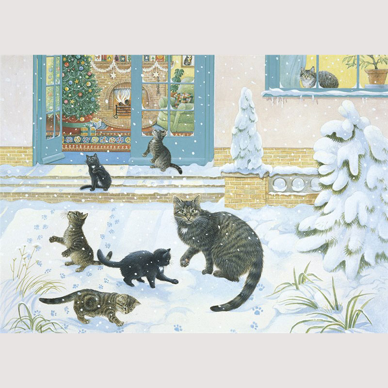 レズリーアンアイボリー 猫の輸入グリーティングカード封筒付 Muppet and her kittens in the snow