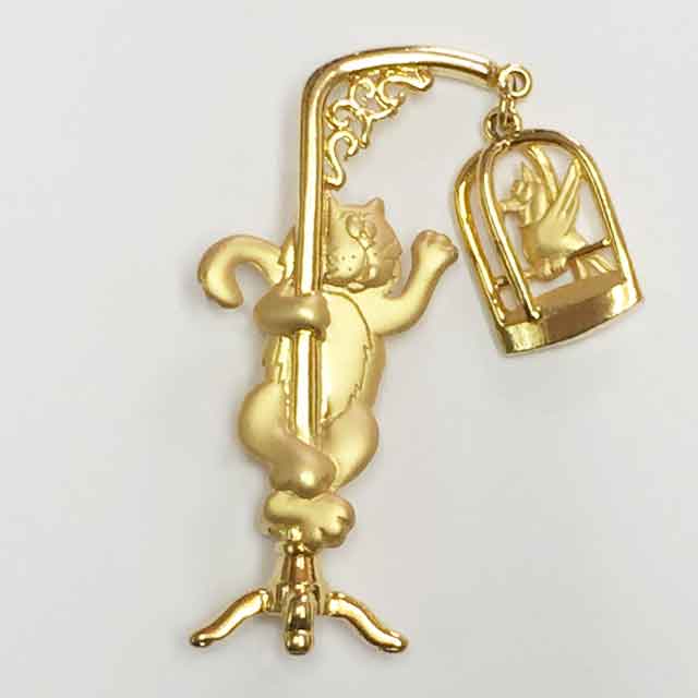 JJ Jonette 猫とかごの鳥のブローチ