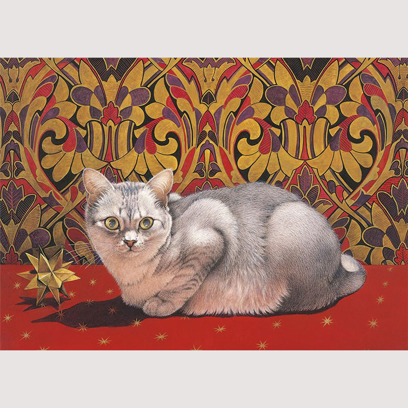 レズリーアンアイボリー 猫の輸入グリーティングカード封筒付 Mumu on a Christmas tablecloth