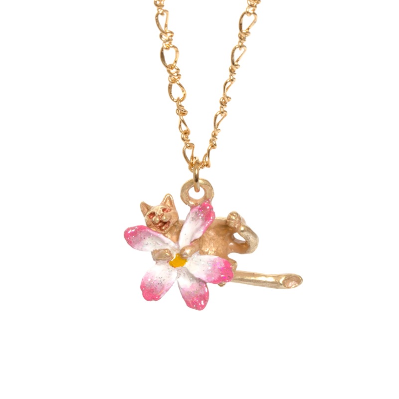 4F フィーアエフ　猫とお花のネックレス　むぎゅっと　日本製　ピューター