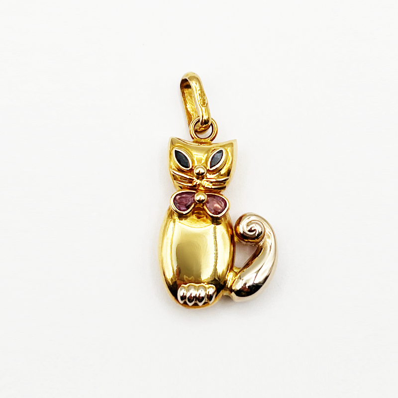 イタリア製 K18ゴールドとジェムストーンの猫型チャーム