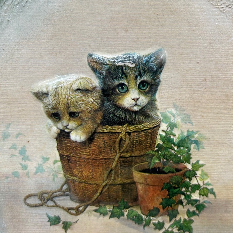 ヴィンテージ猫柄の木箱 カントリー調の取っ手付き小物入れ Ruane Manning