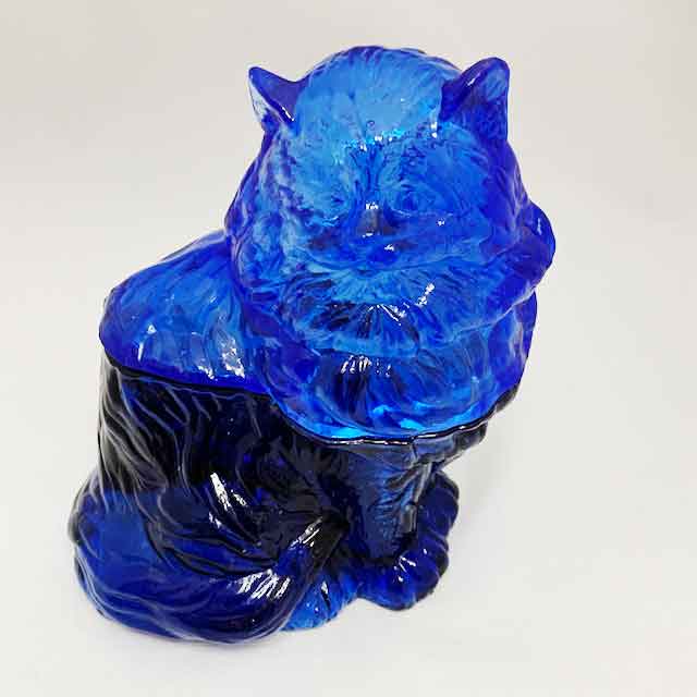 Mosser Glass コバルトブルー色ガラス猫型クッキージャー/キャニスター/小物入れ