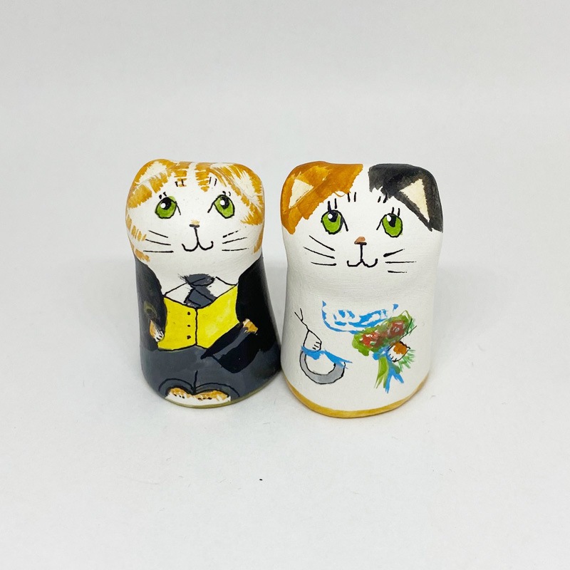 猫のウェディングドール 花嫁と花婿のペア　三毛と茶トラ猫ペアフィギュリン イギリス製陶器