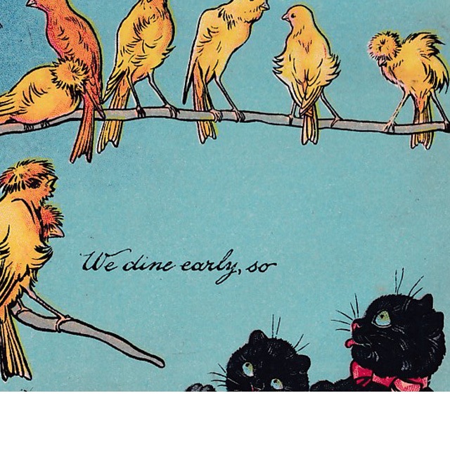 ルイスウェイン Louis Wain 猫と鳥のアンティークポストカード　We dine early, so