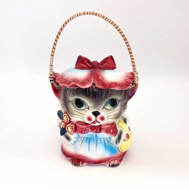 ヴィンテージ　赤いリボンが可愛い猫型クッキージャー/キャニスター　日本製