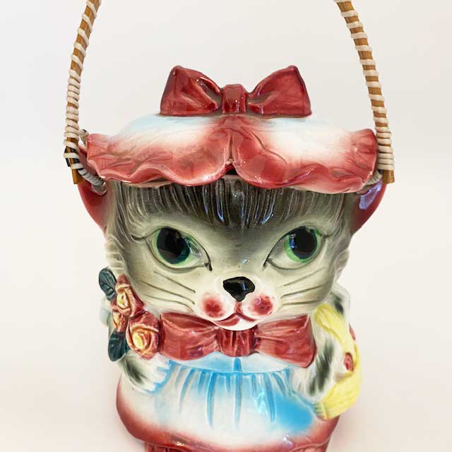 ヴィンテージ赤いリボンが可愛い猫型クッキージャー/キャニスター 日本